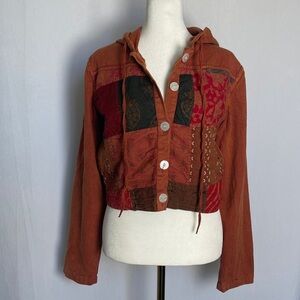 Earthbound Patchwork Embroidered Hooded Jacket Size M Rust Cropped Boho Hippie